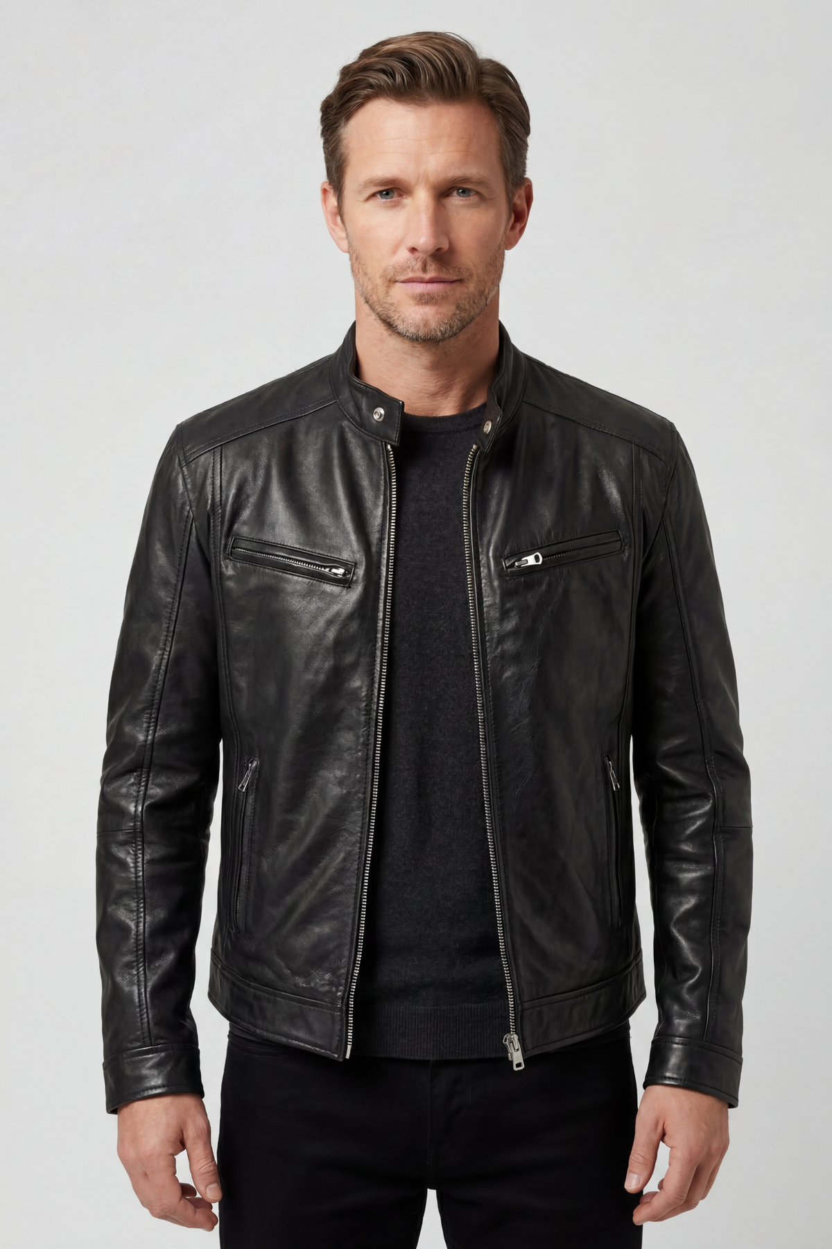 Veste biker homme aspect cuir à col montant et poches zippées 1