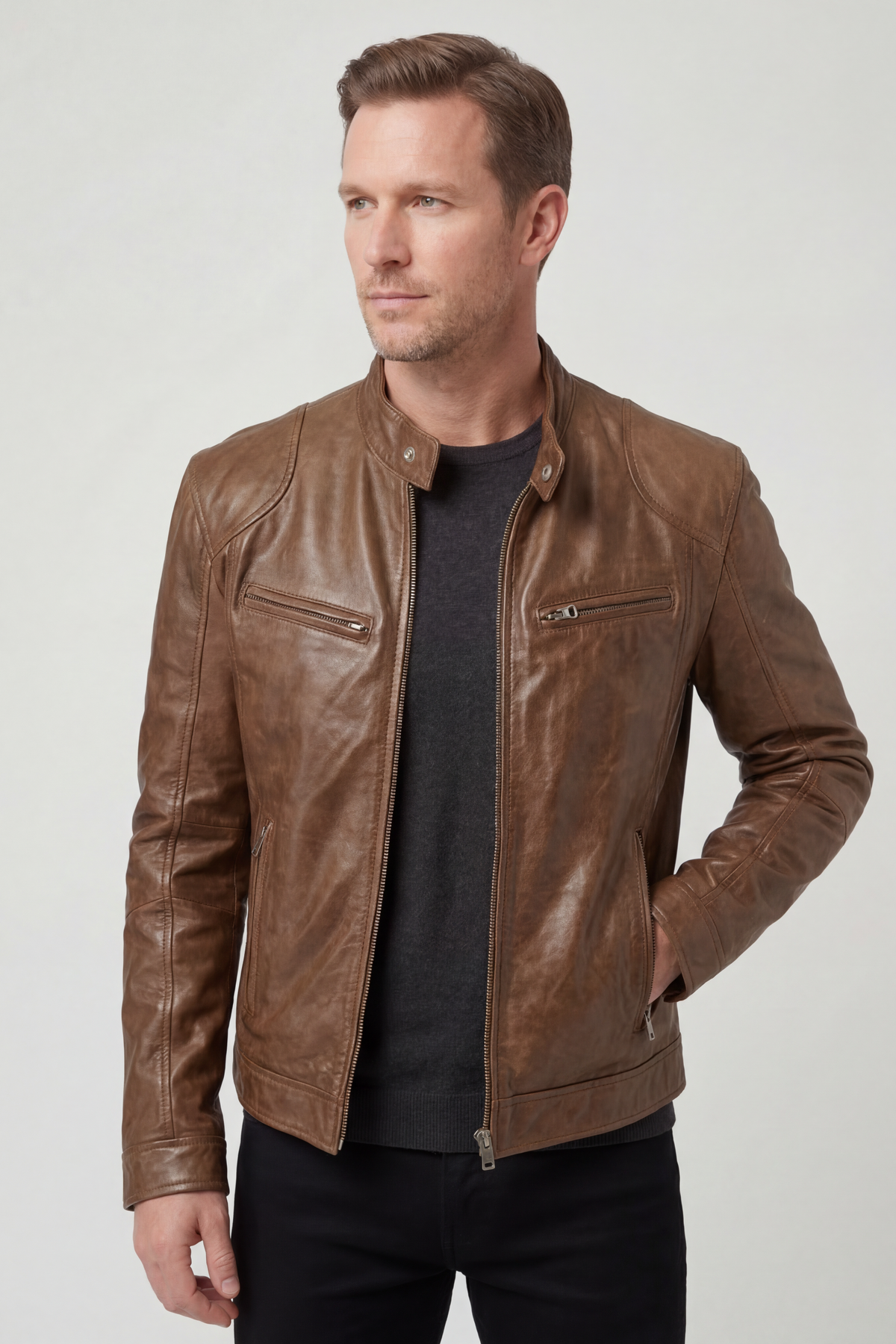 Veste biker homme aspect cuir à col montant et poches zippées 2