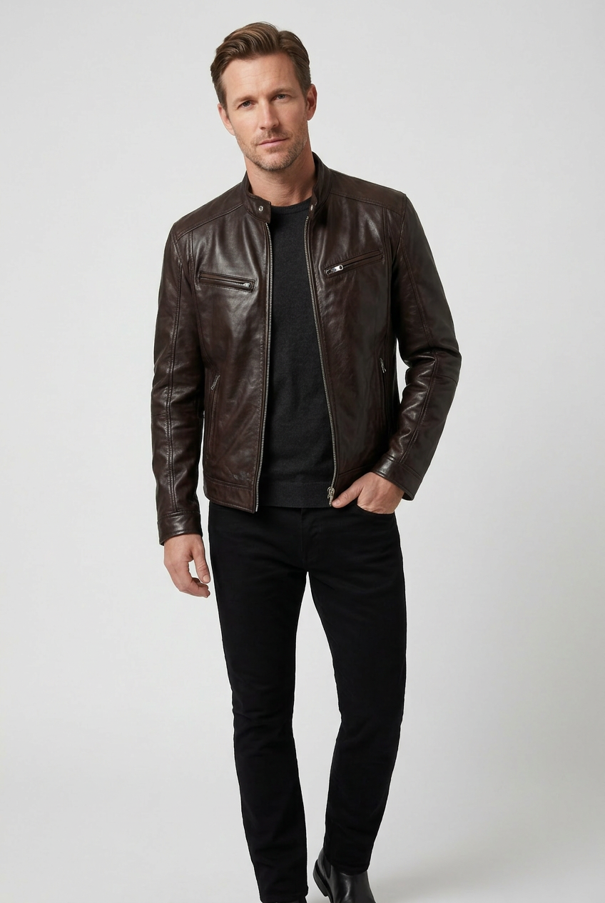 Veste biker homme aspect cuir à col montant et poches zippées 3