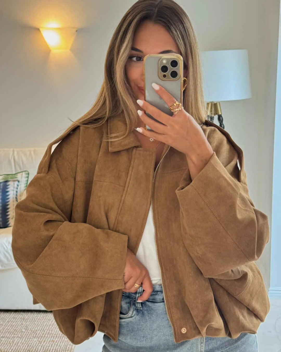 Veste bomber en suédine femme à col chemise coupe oversize 13