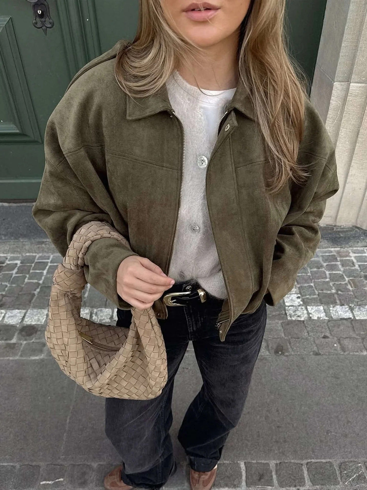 Veste bomber en suédine femme à col chemise coupe oversize 3