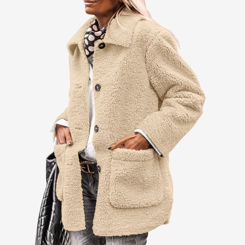 Veste courte femme en fausse fourrure à col cranté et poches 2