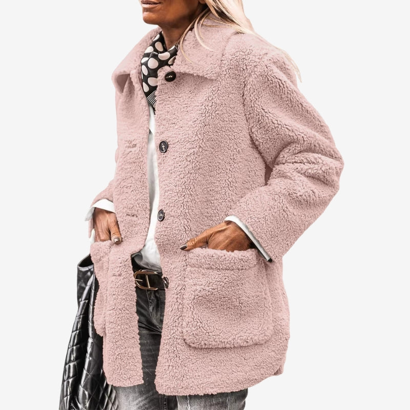 Veste courte femme en fausse fourrure à col cranté et poches 5