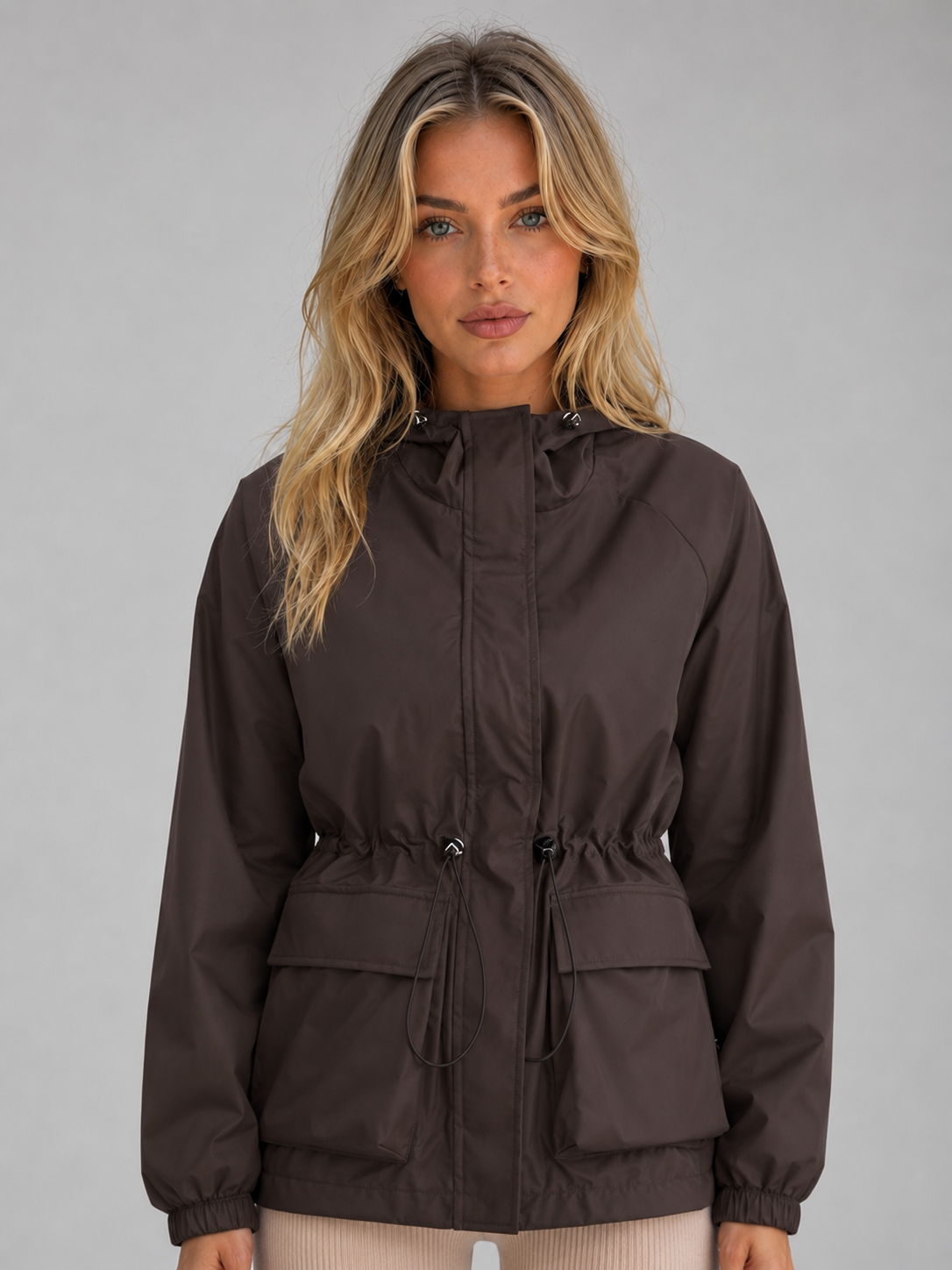 Veste de pluie à capuche femme mi-longue déperlante et coupe-vent à cordon de serrage 1