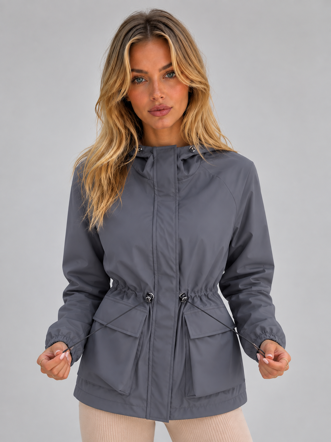 Veste de pluie à capuche femme mi-longue déperlante et coupe-vent à cordon de serrage 2