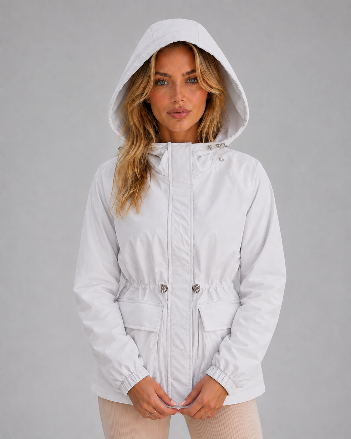 Veste de pluie à capuche femme mi-longue déperlante et coupe-vent à cordon de serrage 4
