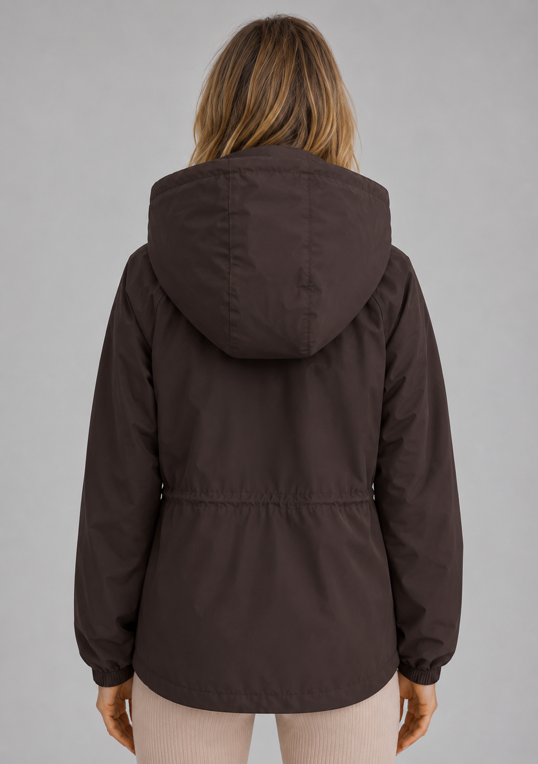 Veste de pluie à capuche femme mi-longue déperlante et coupe-vent à cordon de serrage 5