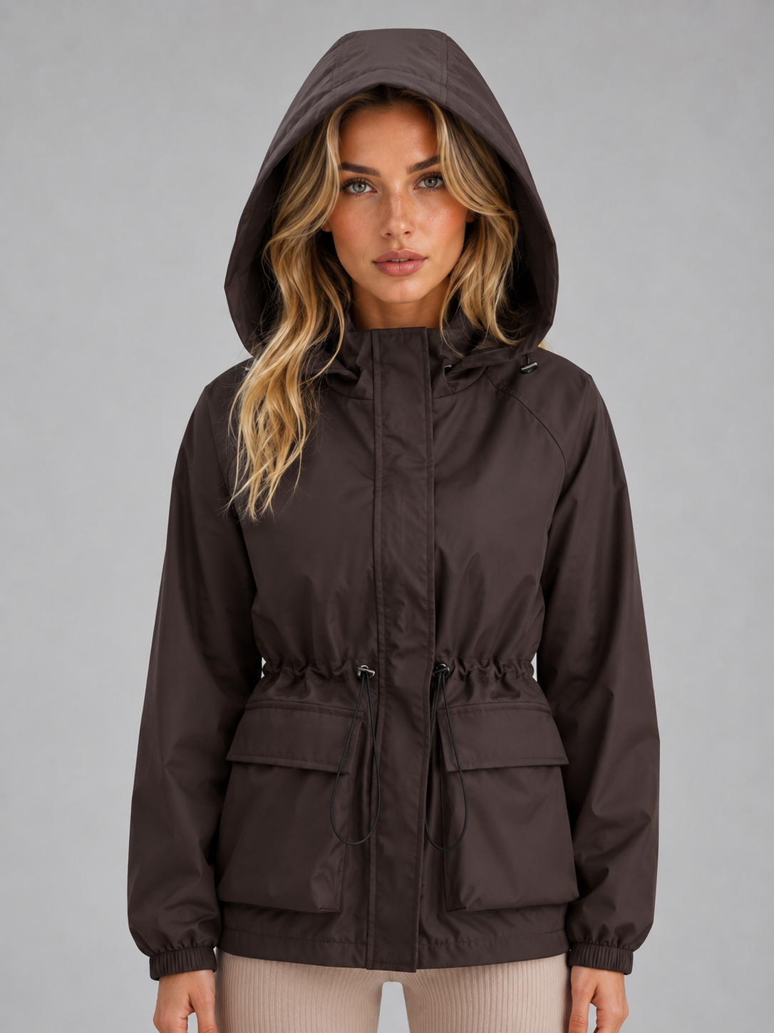 Veste de pluie à capuche femme mi-longue déperlante et coupe-vent à cordon de serrage 6