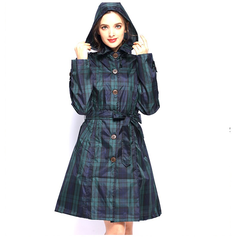 Veste de pluie femme à carreaux à capuche avec ceinture et longueur genou 3