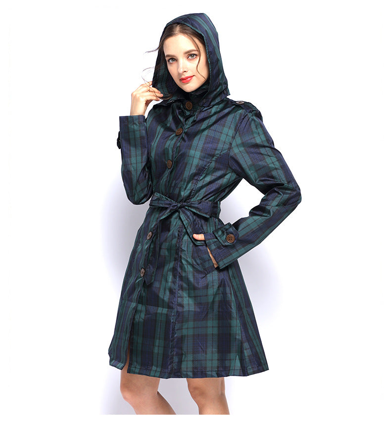 Veste de pluie femme à carreaux à capuche avec ceinture et longueur genou 4