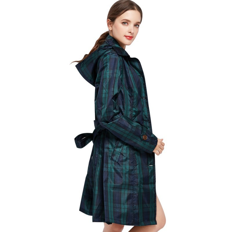 Veste de pluie femme à carreaux à capuche avec ceinture et longueur genou 5