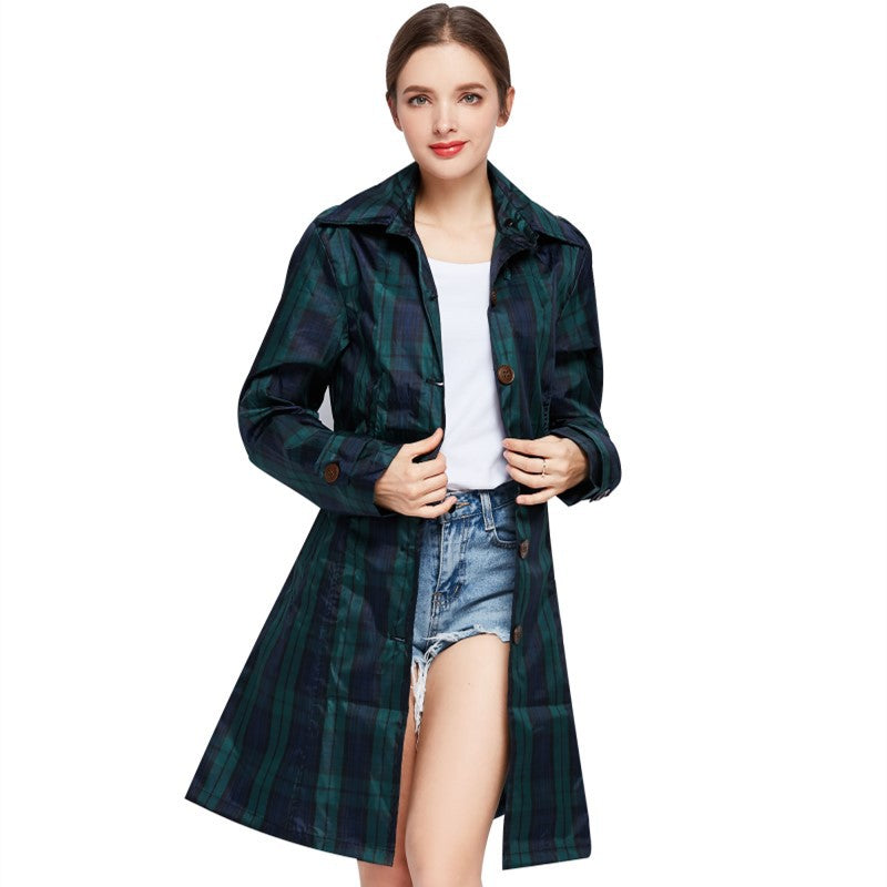 Veste de pluie femme à carreaux à capuche avec ceinture et longueur genou 6