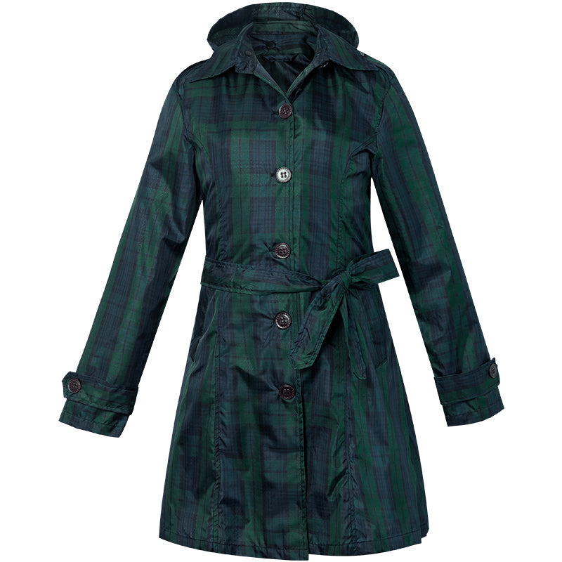 Veste de pluie femme à carreaux à capuche avec ceinture et longueur genou 7
