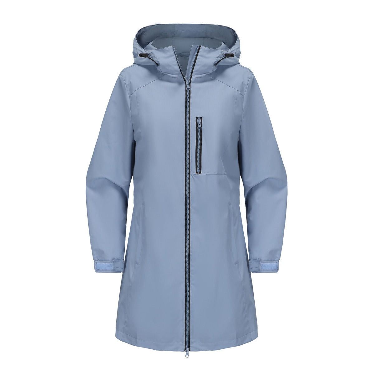 Veste de pluie femme déperlante à capuche mi-longue avec poche poitrine zippée 1