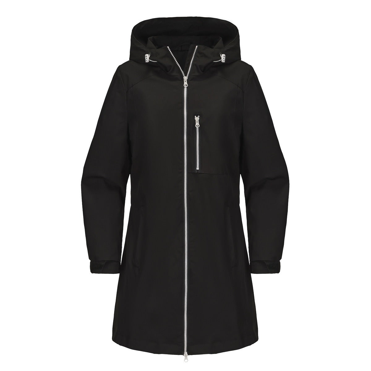 Veste de pluie femme déperlante à capuche mi-longue avec poche poitrine zippée 2
