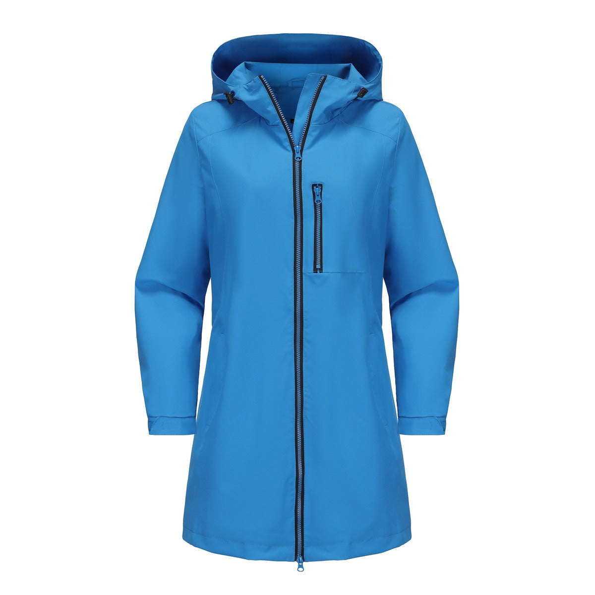 Veste de pluie femme déperlante à capuche mi-longue avec poche poitrine zippée 3