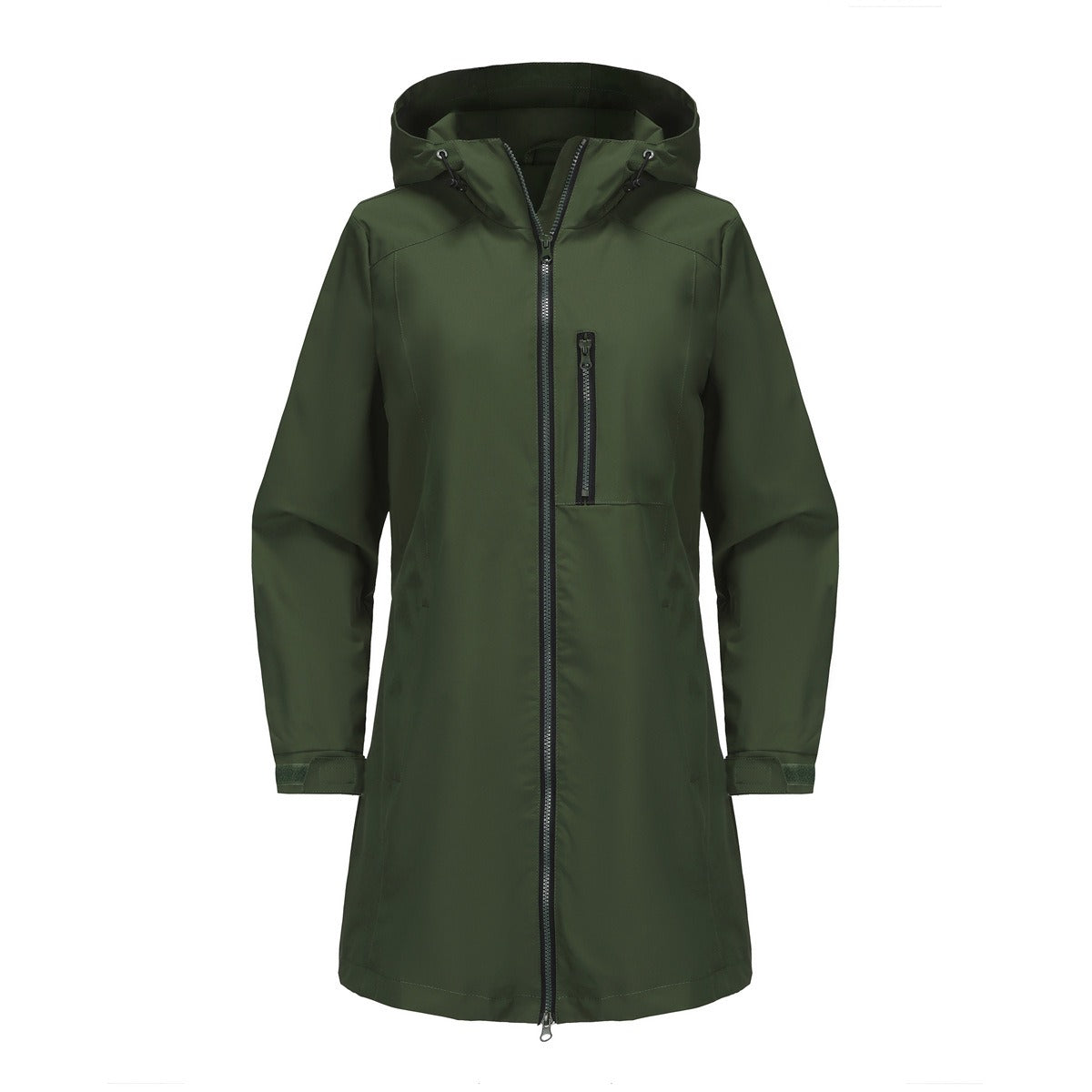 Veste de pluie femme déperlante à capuche mi-longue avec poche poitrine zippée 4