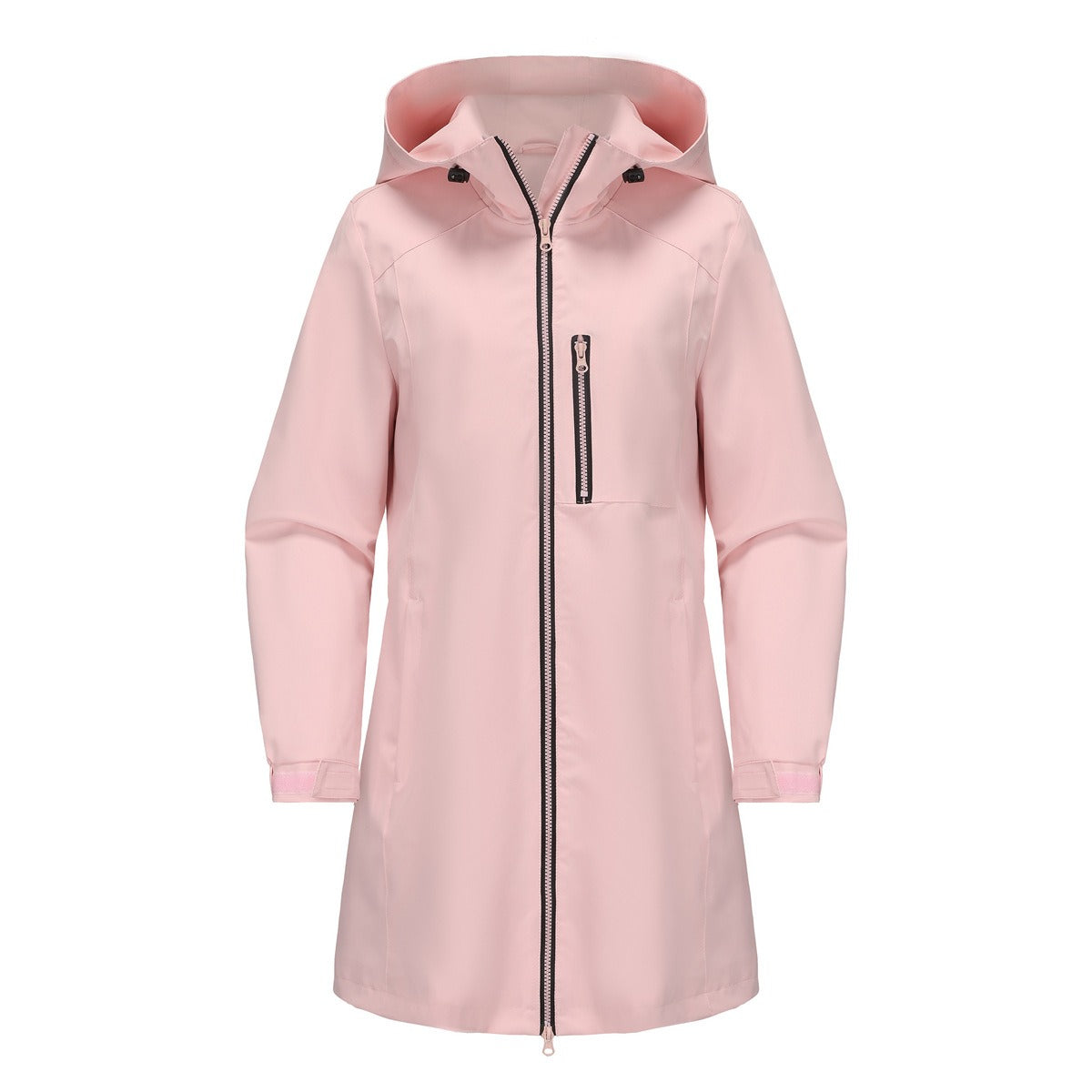 Veste de pluie femme déperlante à capuche mi-longue avec poche poitrine zippée 5