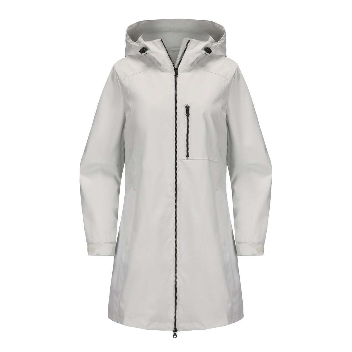 Veste de pluie femme déperlante à capuche mi-longue avec poche poitrine zippée 6