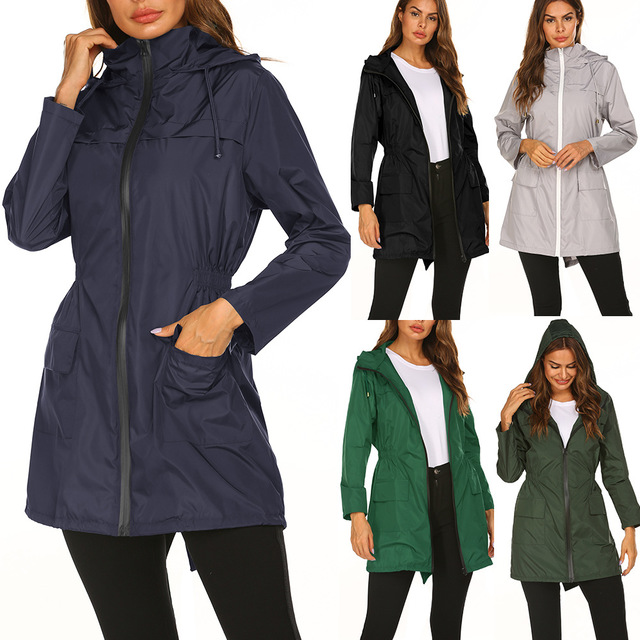Veste de pluie femme déperlante et coupe-vent à capuche avec cordon à la taille 11