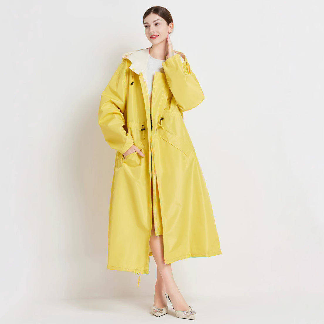 Veste de pluie femme imperméable mi-longue à capuche avec cordon de serrage à la taille 1