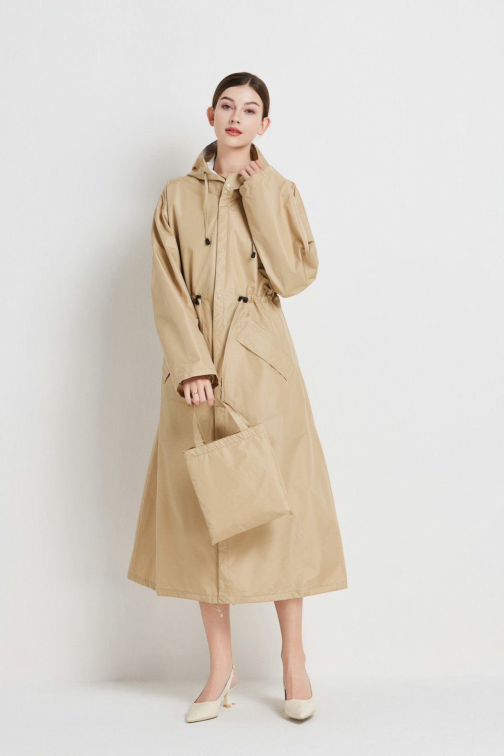 Veste de pluie femme imperméable mi-longue à capuche avec cordon de serrage à la taille 13