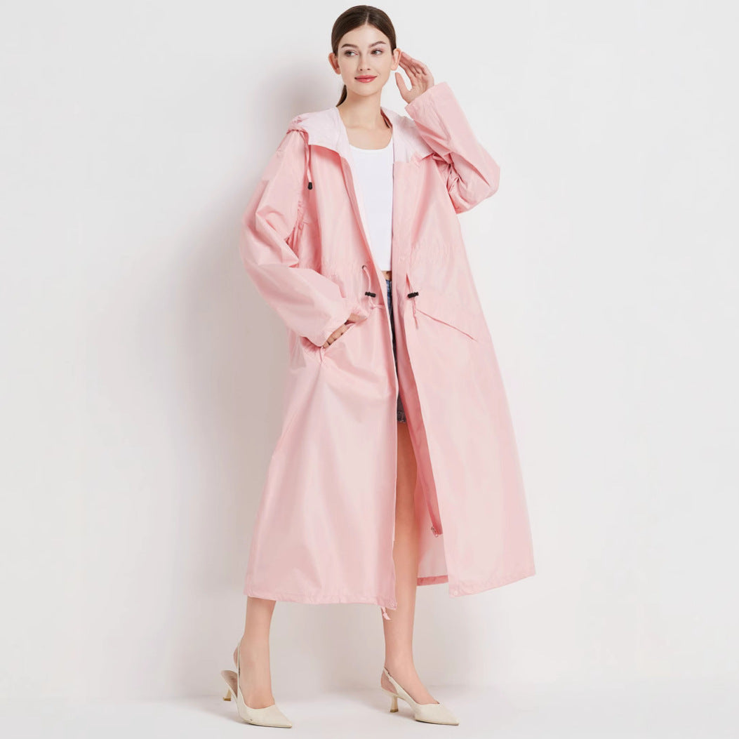 Veste de pluie femme imperméable mi-longue à capuche avec cordon de serrage à la taille 2