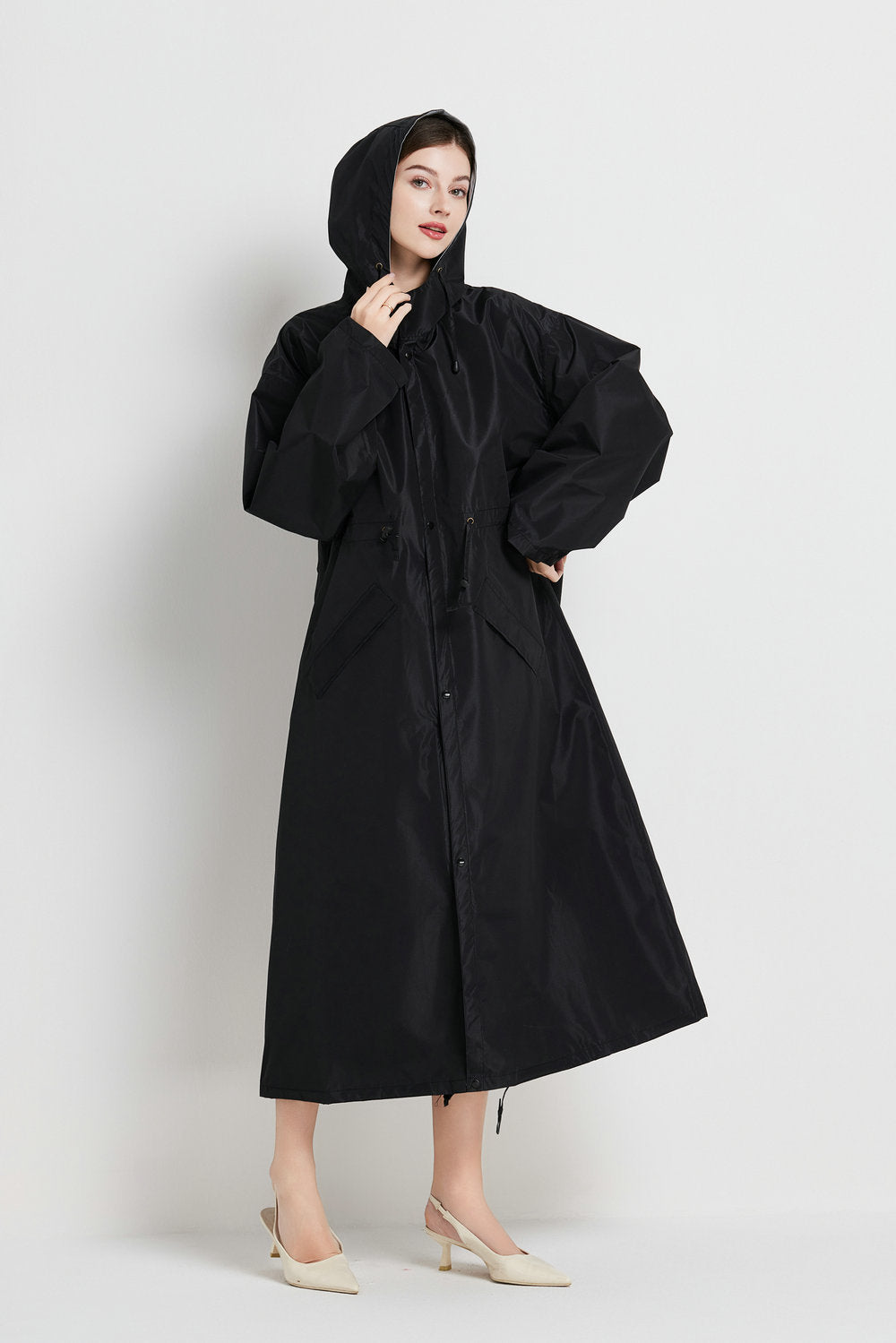 Veste de pluie femme imperméable mi-longue à capuche avec cordon de serrage à la taille 4