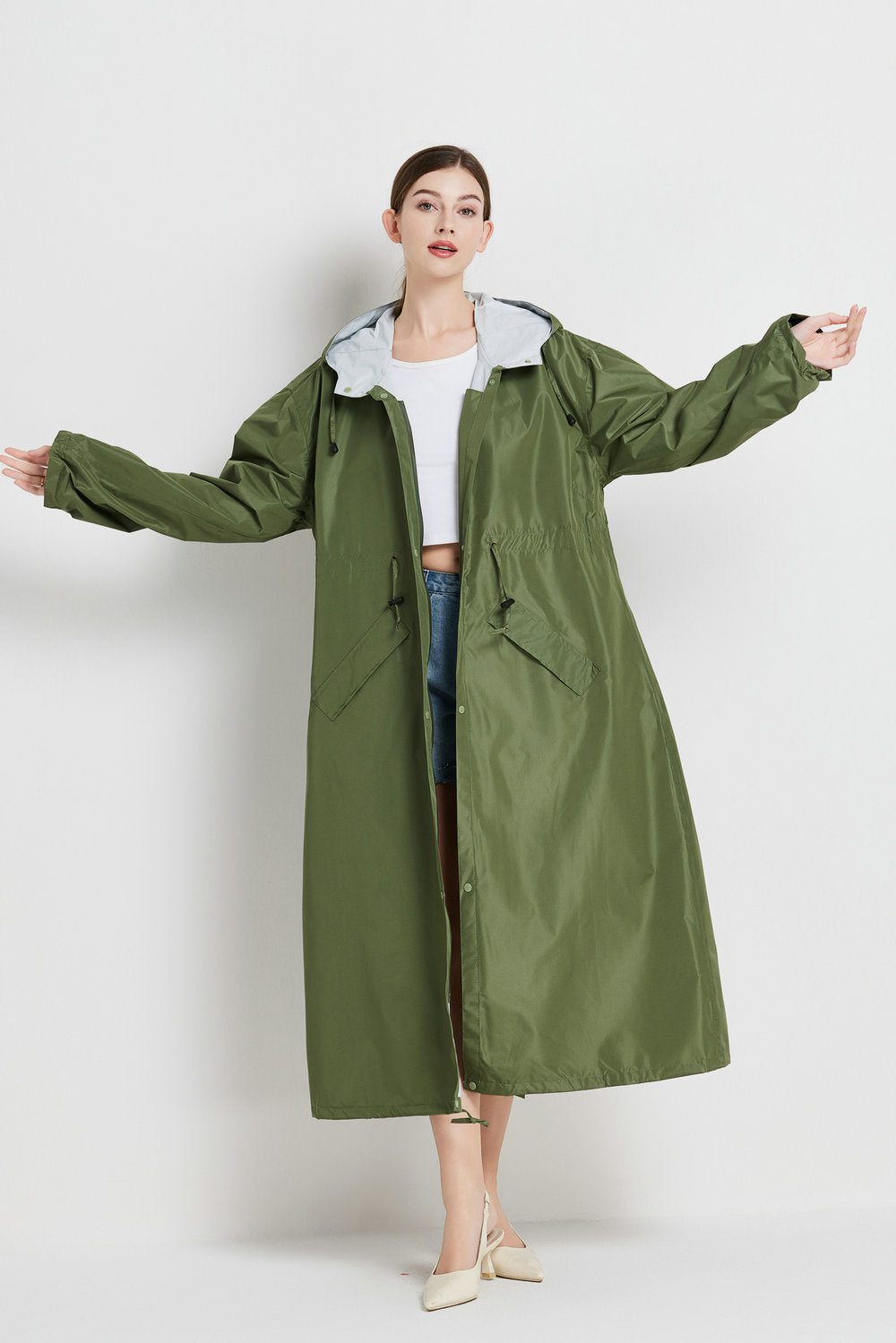 Veste de pluie femme imperméable mi-longue à capuche avec cordon de serrage à la taille 5