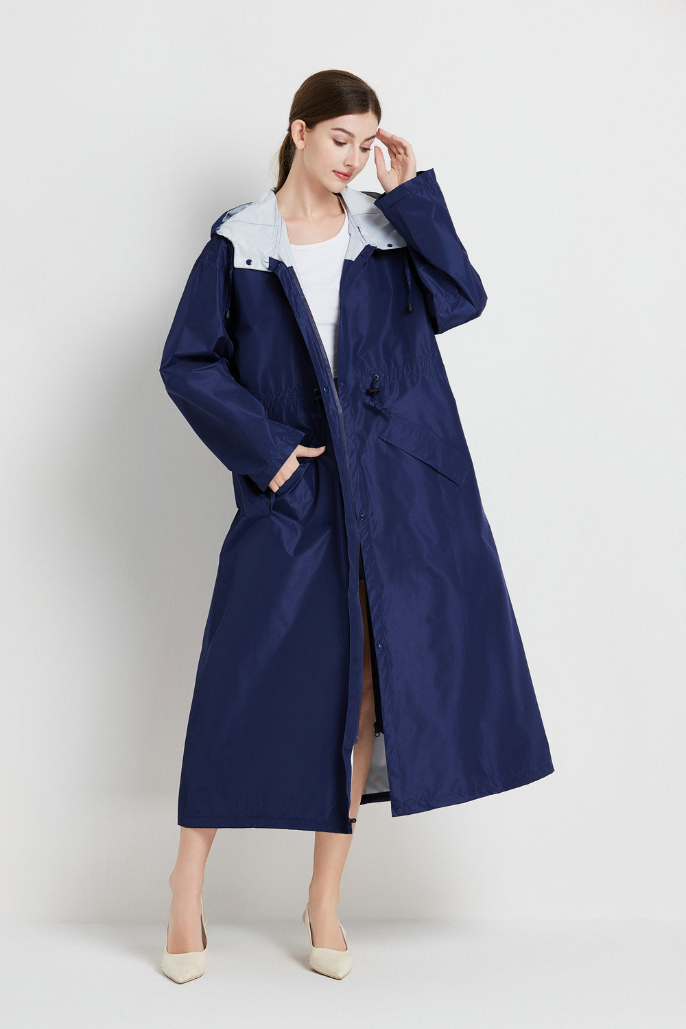 Veste de pluie femme imperméable mi-longue à capuche avec cordon de serrage à la taille 6