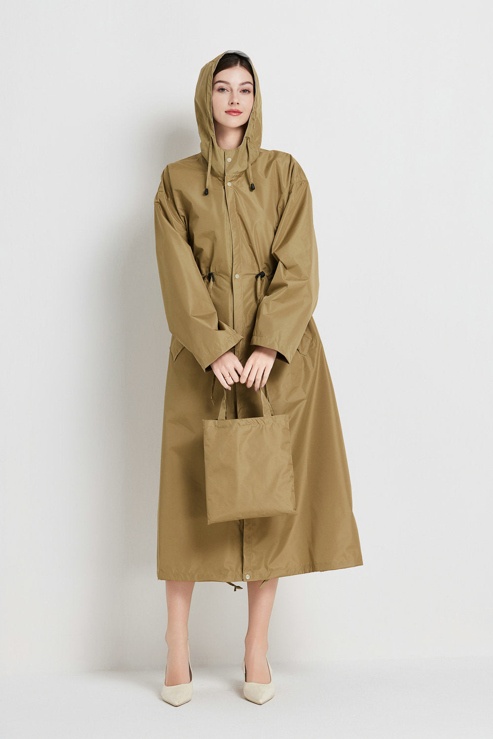 Veste de pluie femme imperméable mi-longue à capuche avec cordon de serrage à la taille 8