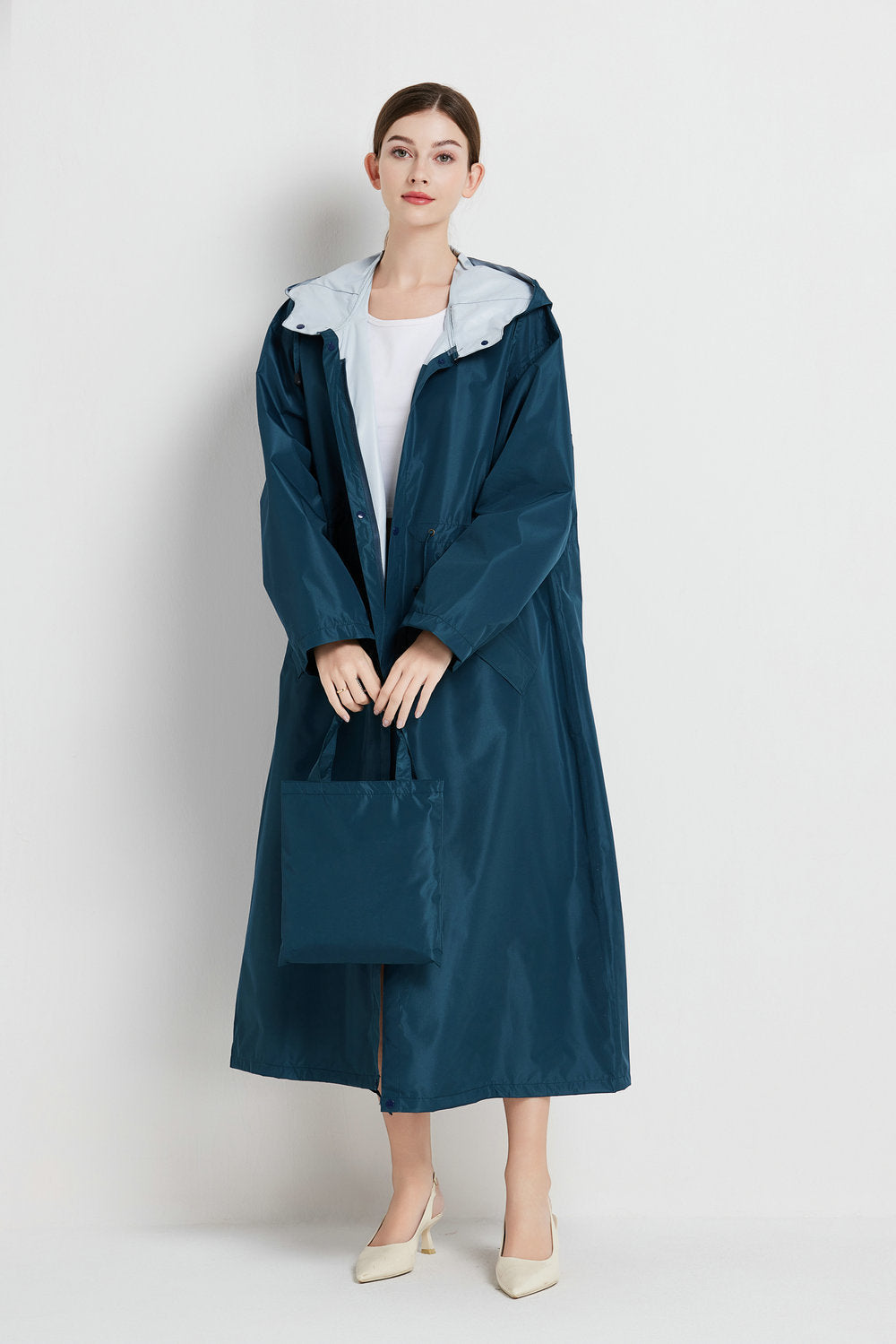 Veste de pluie femme imperméable mi-longue à capuche avec cordon de serrage à la taille 9