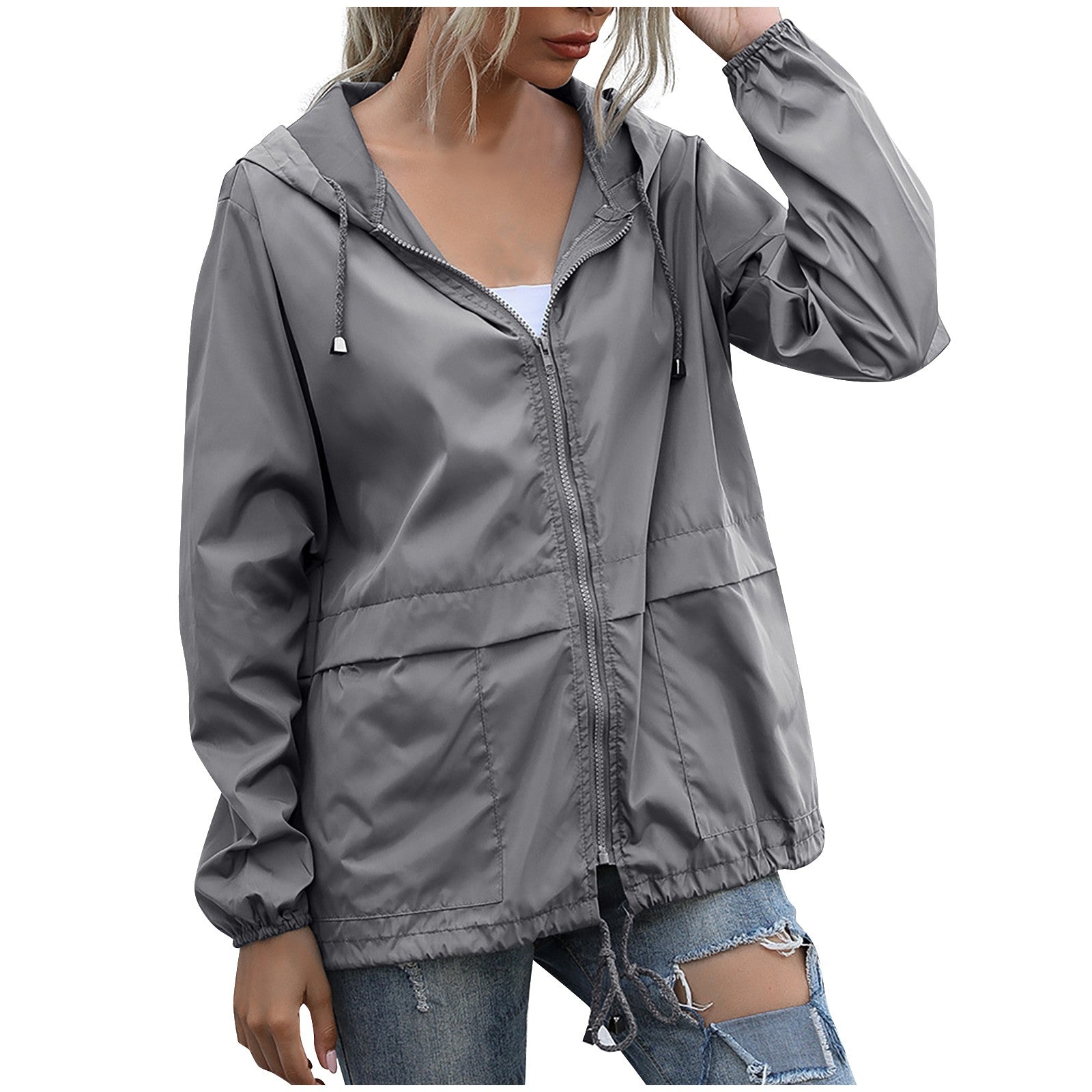 Veste de pluie femme légère et déperlante à capuche avec fermeture éclair 3