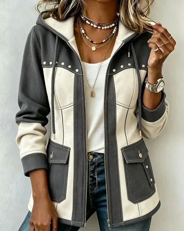 Veste femme à capuche zippée bicolore à poches 5