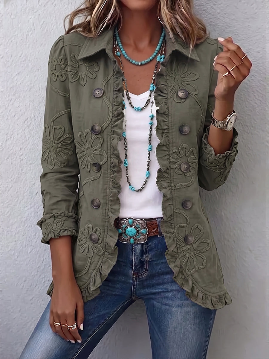 Veste femme brodée à fleurs à volants et col chemise 1
