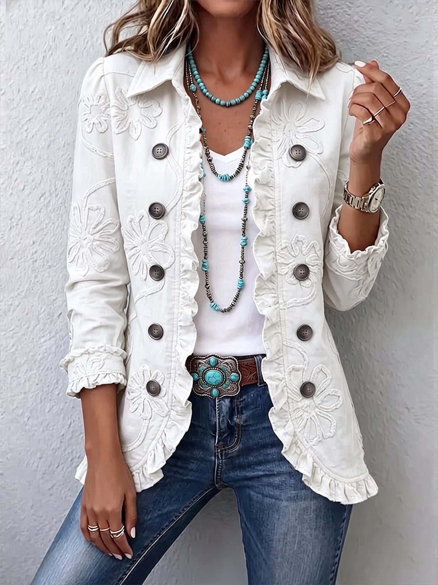 Veste femme brodée à fleurs à volants et col chemise 2