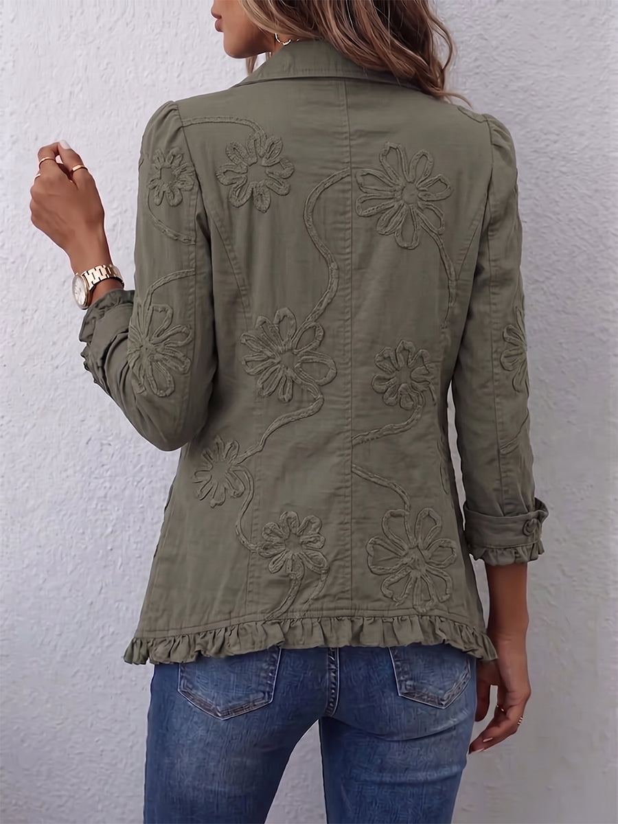 Veste femme brodée à fleurs à volants et col chemise 3