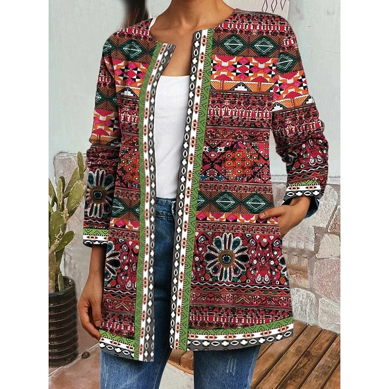 Veste femme ouverte imprimé ethnique à poches mi-saison 1