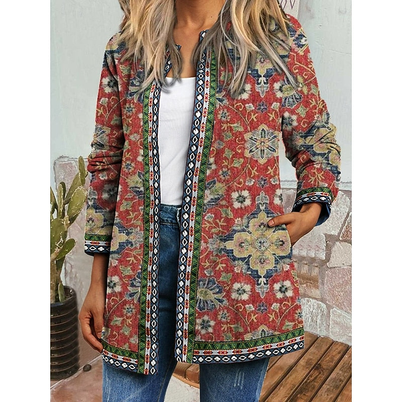 Veste femme ouverte imprimé ethnique à poches mi-saison 2