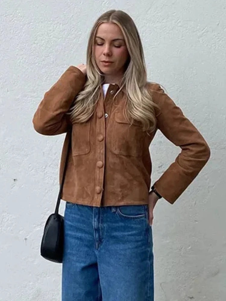 Veste mi-saison femme aspect daim à col chemise et poches poitrine 1