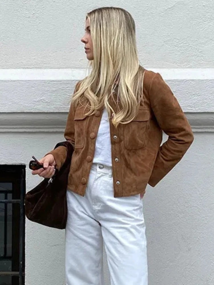 Veste mi-saison femme aspect daim à col chemise et poches poitrine 4