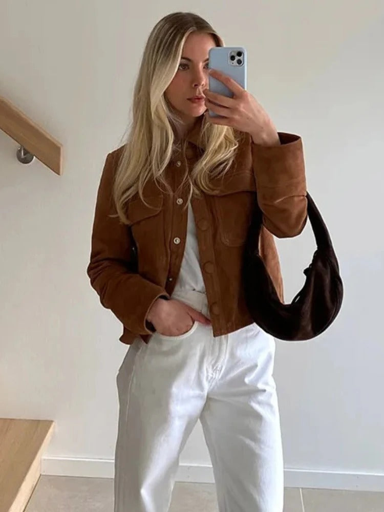 Veste mi-saison femme aspect daim à col chemise et poches poitrine 5