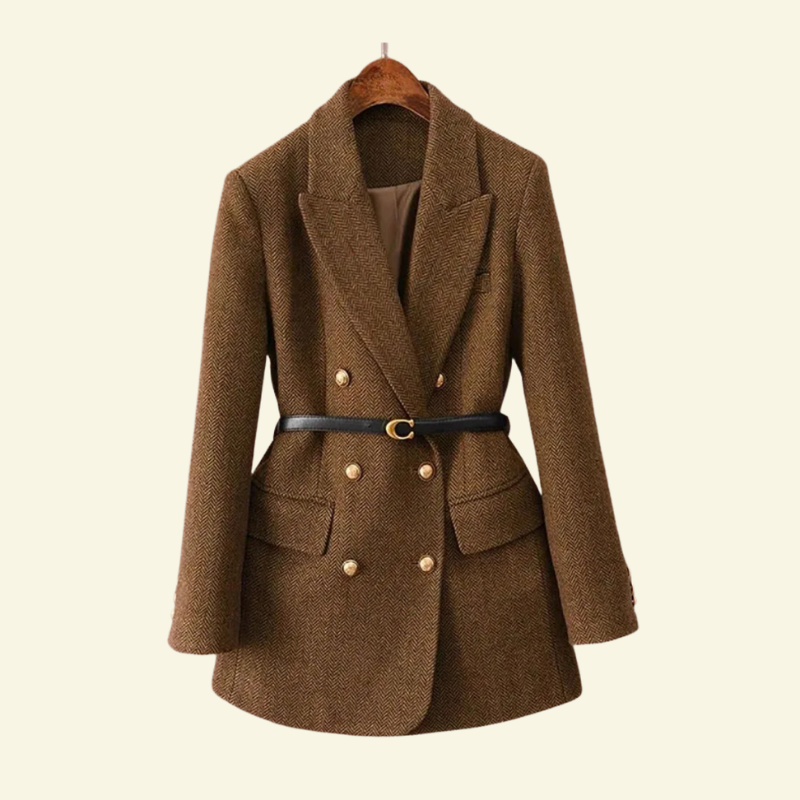 Veste mi-saison femme en tweed à double boutonnage, ceinture et manches 3/4 1