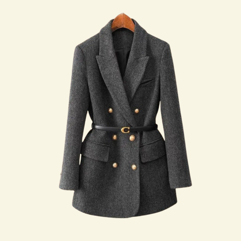 Veste mi-saison femme en tweed à double boutonnage, ceinture et manches 3/4 2