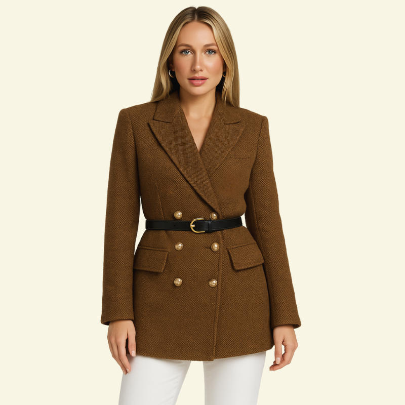 Veste mi-saison femme en tweed à double boutonnage, ceinture et manches 3/4 3