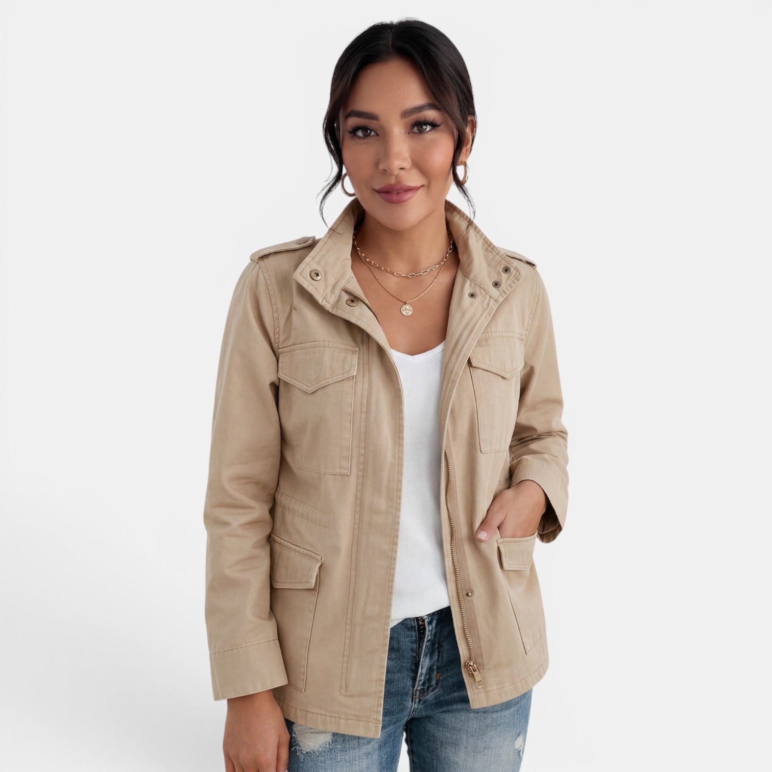 Veste mi-saison femme légère à col à revers et fermeture zippée 1