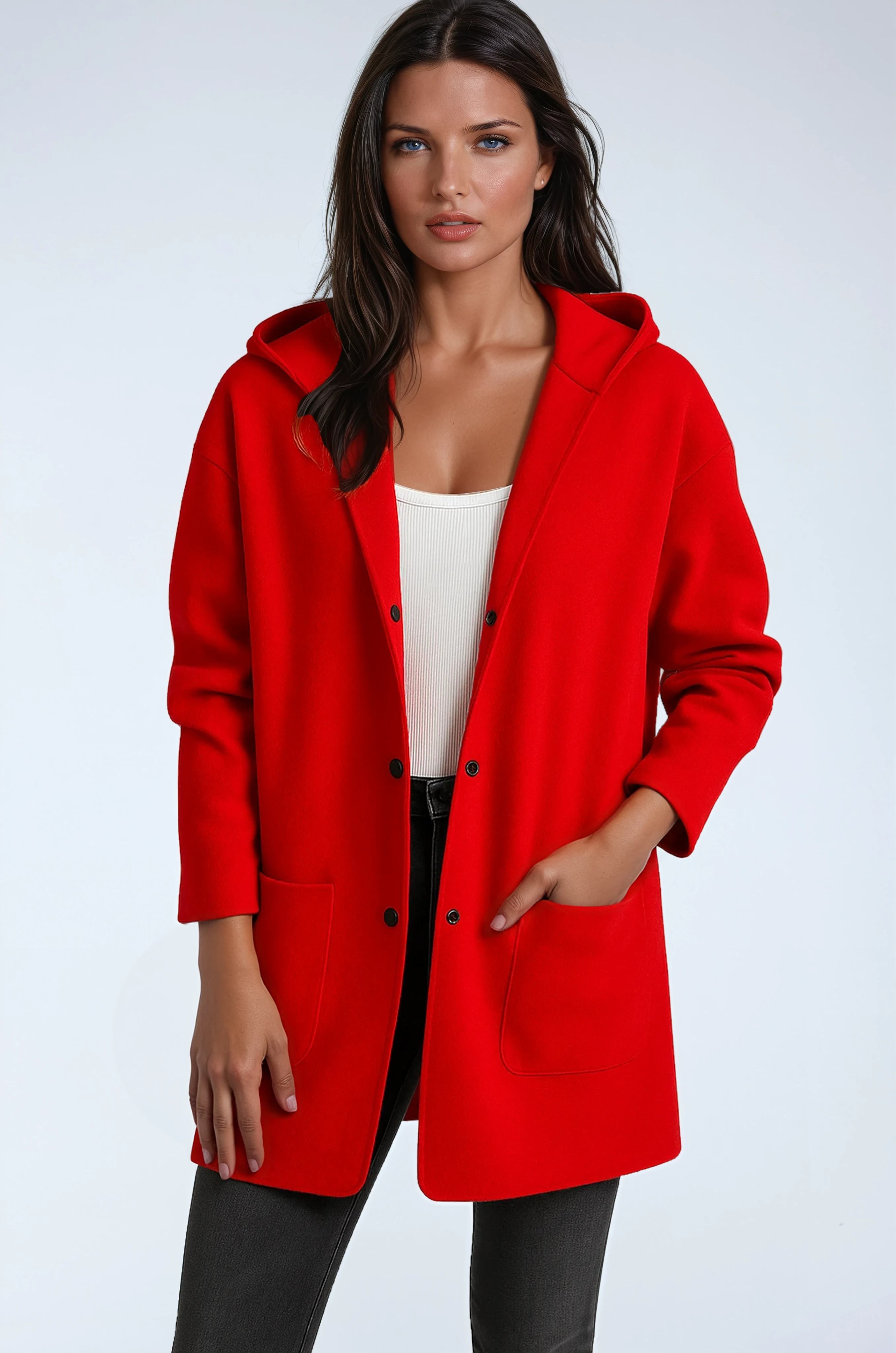 Veste mi-saison femme mi-longue en laine mélangée à capuche et poches 1