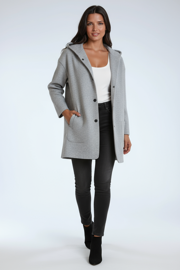 Veste mi-saison femme mi-longue en laine mélangée à capuche et poches 2