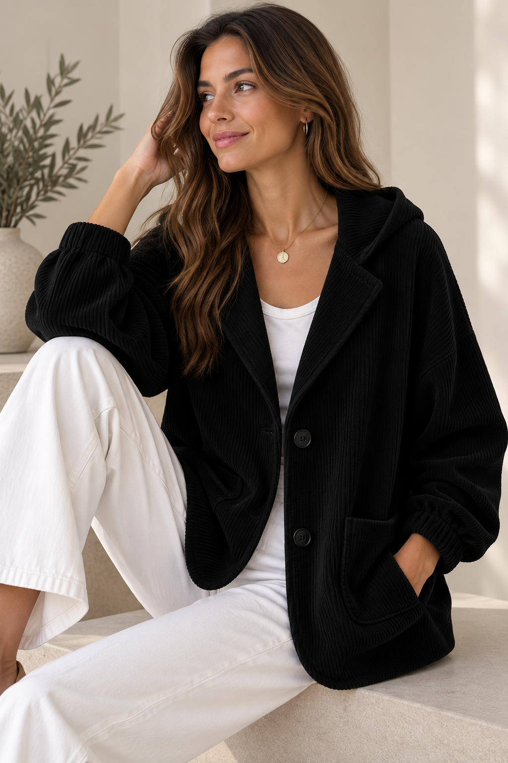Veste oversize femme en velours côtelé à capuche 5
