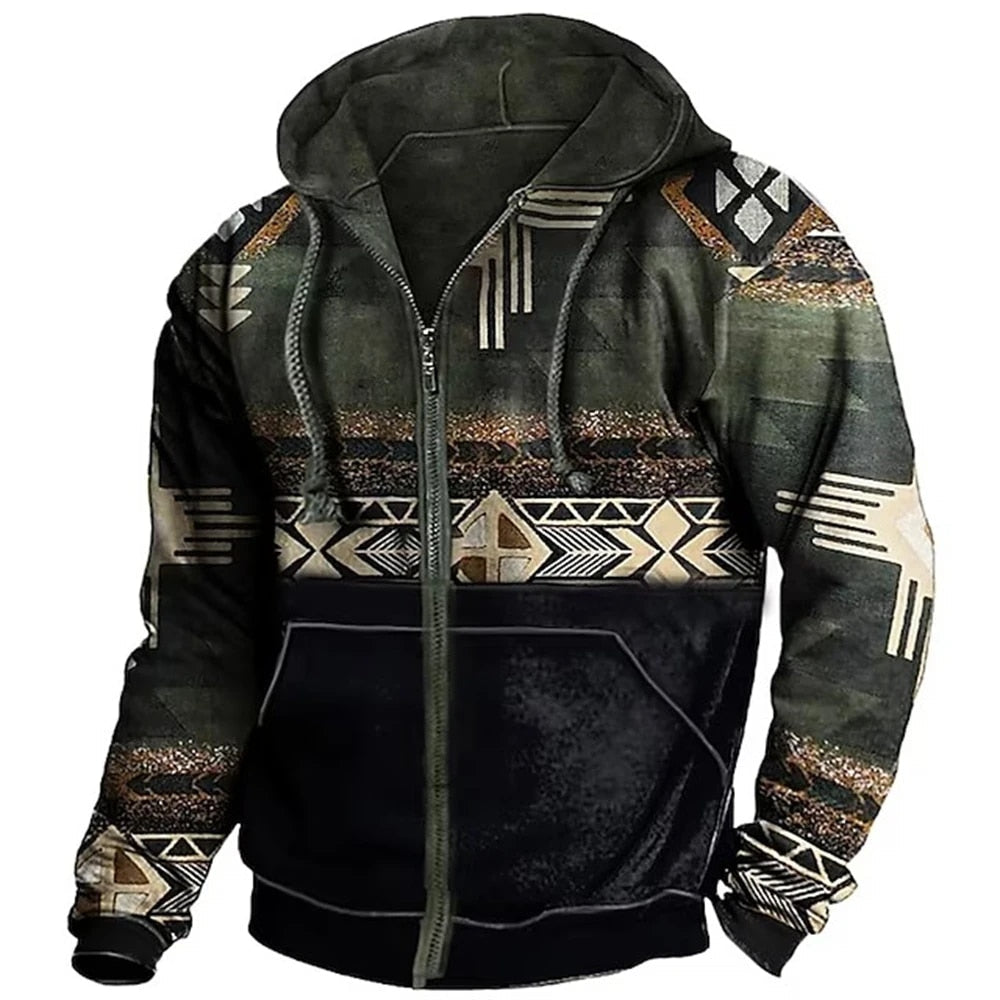 Veste polaire à capuche homme zippée à motif aztèque 1